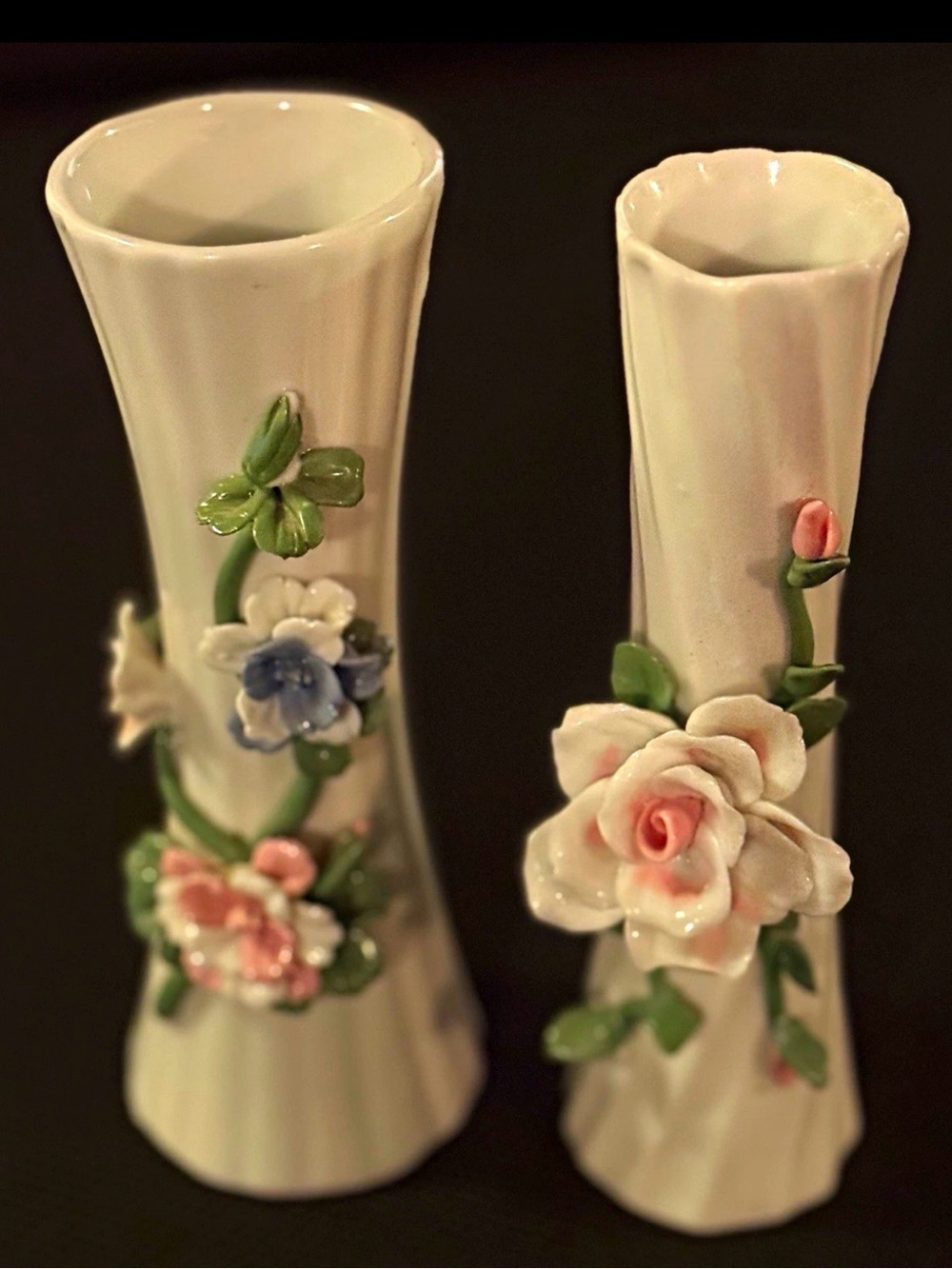 Vintage Porcelain Floral Bud Vases (2) in Cream with Pastel Flowers Fluted Rim